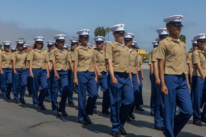U.S. Marines with Delta Company, 1st Recruit Training Battalion, march in formation during a graduation ceremony at Marine Corps Recruit Depot San Diego, California, July 19, 2024, 2024. Graduation took place at the completion of the 13-week transformation, which included training for drill, marksmanship, basic combat skills, and Marine Corps customs and traditions. (U.S. Marine Corps photo by Lance Cpl. Jacob B. Hutchinson)