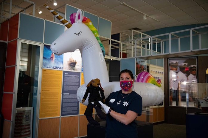 The Coast Guard Museum at the Coast Guard Academy in New London, Connecticut, proudly displays the blown up unicorn float from the Coast Guard Cutter Kimball shark attack, Oct. 1, 2020.