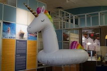 The Coast Guard Museum at the Coast Guard Academy in New London, Connecticut, proudly displays the blown up unicorn float from the Coast Guard Cutter Kimball shark attack, Oct. 1, 2020.