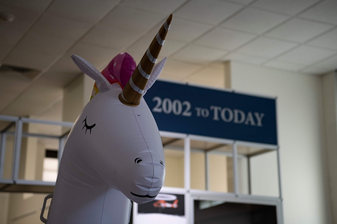 The Coast Guard Museum at the Coast Guard Academy in New London, Connecticut, proudly displays the blown up unicorn float from the Coast Guard Cutter Kimball shark attack, Oct. 1, 2020.