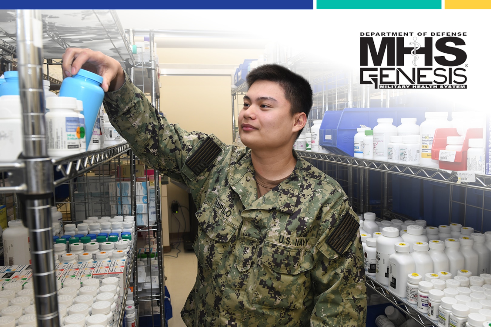 Uniformed service member reaches for prescription bottle in pharmacy.