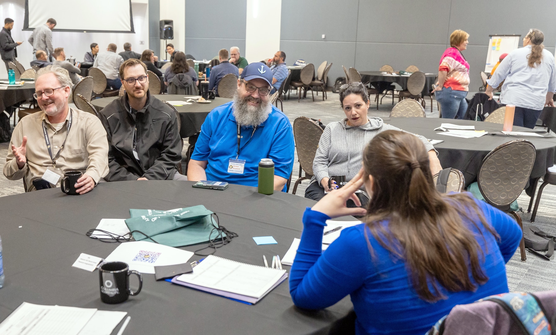 Michael Norgaard, fiber optics manager, and Rebecca Bianco, non-nuclear director, Shop 51/67 Electricians/Electronics Technicians, participate in the Electrical Community of Practice conference June 23, 2024, at the Kitsap Conference Center in downtown Bremerton, Washington. (U.S Navy Photo by Wendy Hallmark)