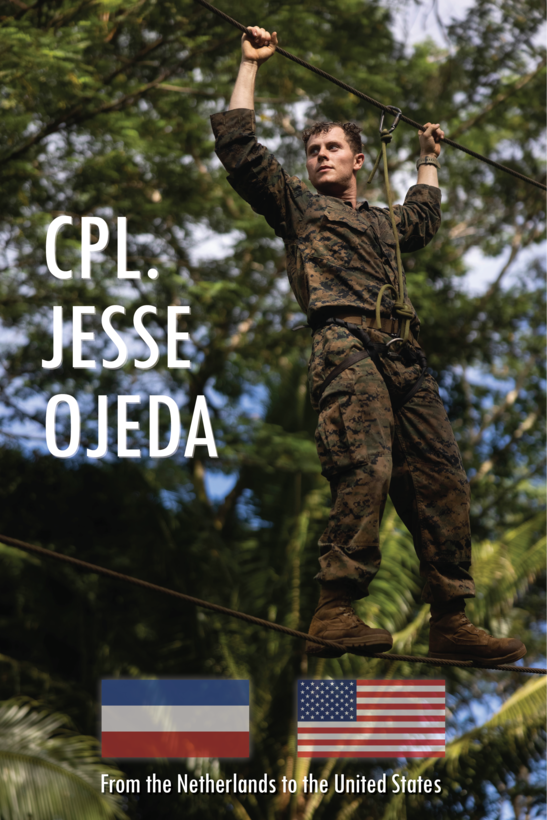 A graphic produced in Adobe InDesign 2021 to accompany a story about U.S. Marine Corps Cpl. Jesse Ojeda, a squad leader with Alpha Company, 1st Combat Engineer Battalion, 1st Marine Division, on Marine Corps Base Camp Pendleton, California, July 17, 2024.