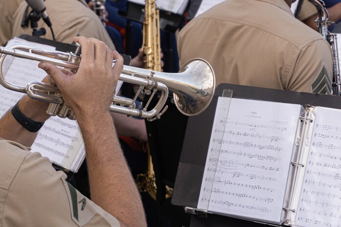 A U.S. Marine with Marine Band San Diego performs during the summer concert at Marine Corps Recruit Depot San Diego, California, July 18, 2024. The Marine Band San Diego’s job is to provide ceremonial music, boost morale, participate in outreach work and attend events and ceremonies. (U.S. Marine Corps photo by Lance Cpl. Alexandra M. Earl)