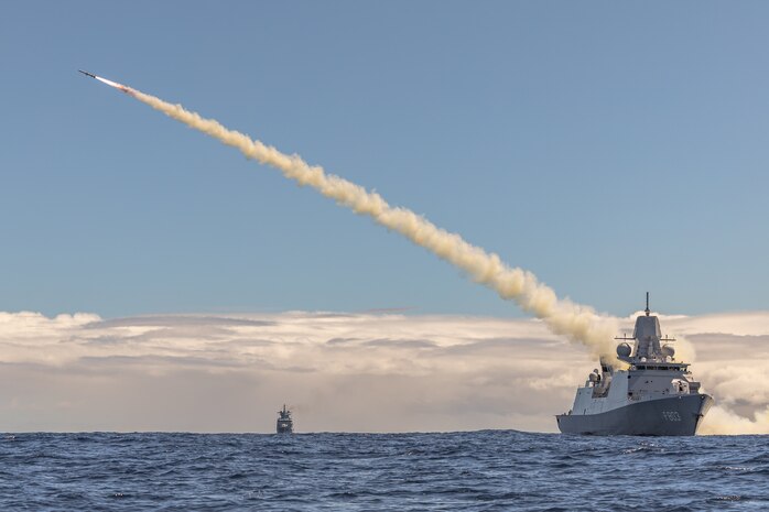 Royal Netherlands Navy De Zeven Provinciën-class frigate HNLMS Tromp (F803) fires a Harpoon missile during long-planned, live-fire sinking exercise as part of Exercise Rim of the Pacific (RIMPAC) 2024.