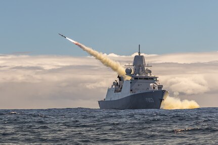 Royal Netherlands Navy De Zeven Provinciën-class frigate HNLMS Tromp (F803) fires a Harpoon missile during a long-planned live fire sinking exercise as part of Exercise Rim of the Pacific (RIMPAC) 2024.