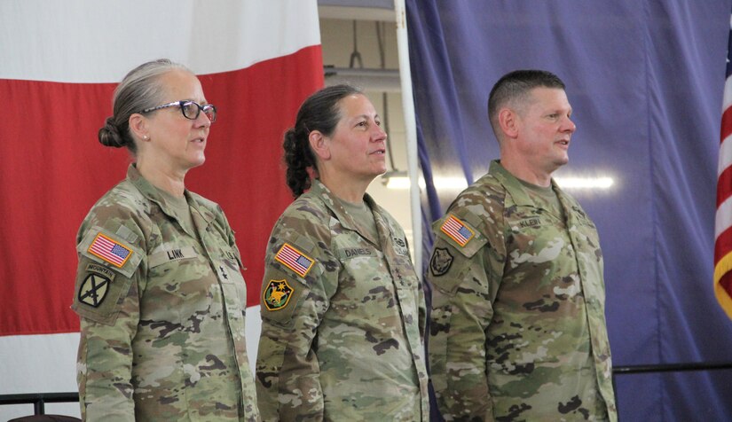 From left to right: Maj. Gen. Michelle Link (commanding general, 75th U.S. Army Reserve Innovation Command), Lt. Gen. Jody Daniels (commanding general, U.S. Army Reserve), Maj. Gen. Martin Klein (deputy commanding general, U.S. Army Reserve).