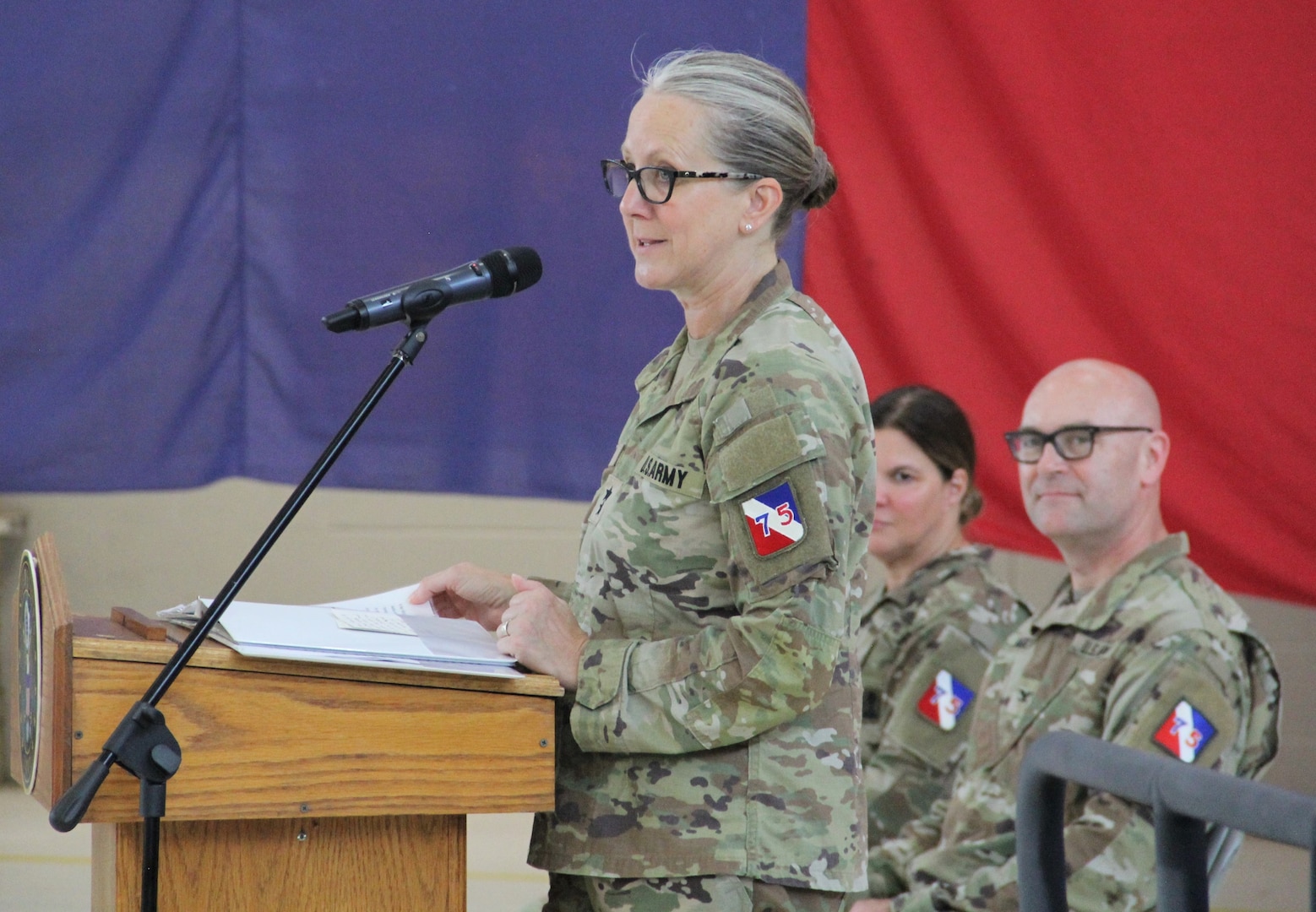 Maj. Gen. Michelle Link, commanding general, 75th U.S. Army Reserve Innovation Command, addresses Soldiers and civilians during a change-of-command ceremony conducted June 28, 2024, at Joint Reserve Base Ellington Field in Houston, Texas.