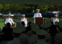 WASHINGTON (July 23, 2024) - Rear Adm. David Faehnle delivers remarks during Naval District Washington’s Change of Command Ceremony at Washington Navy Yard’s Leutze Park. During the ceremony, Faehnle relieved Rear Adm. Nancy Lacore, becoming Naval District Washington’s 94th commandant. (U.S. Navy photo by Mass Communication Specialist 1st Class Griffin Kersting)