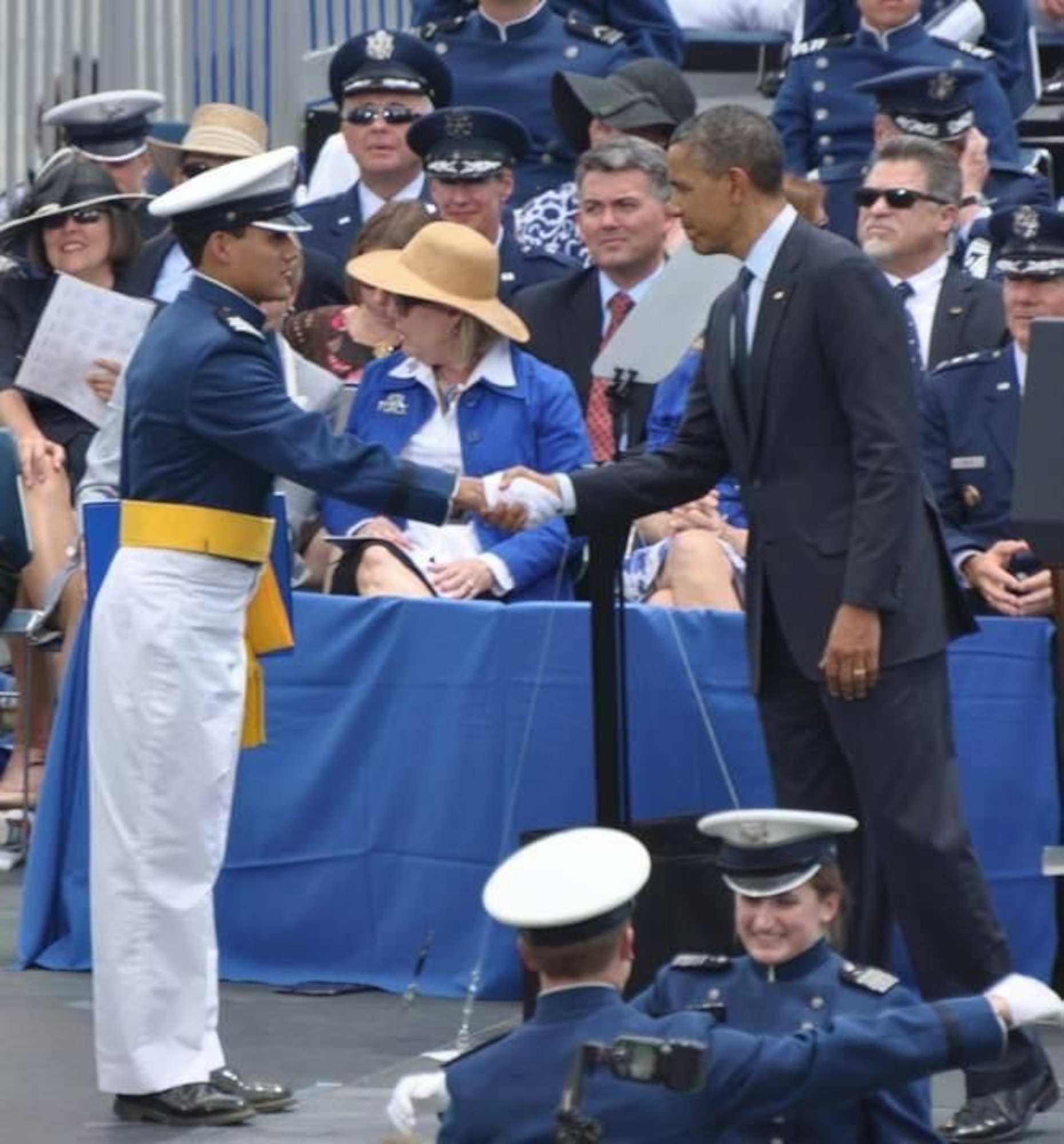 Then President Barack Obama shakes hands with cadet Jose Gastiaburu at the United States Air Force Academy commencement ceremony, May 23, 2012. President Obama delivered the commencement address to approximately 1,200 graduates in Colorado Springs, Colorado. Gastiaburu was one of 14 international students who graduated during that class. Gastiaburu now serves as a Partner Nation Instructor at the Inter-American Air Forces Academy at Joint Base San Antonio-Lackland, Texas. (Courtesy photo)