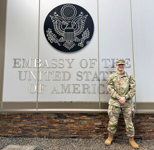 Maj. Zackary Taylor-Warren stands near the entrance to the U.S. Embassy in Fiji July 22, 2024. Taylor-Warren became bilateral affairs officer in the Nevada National Guard this spring and immediately faced multiple high-profile events in the strategically vital South Pacific.