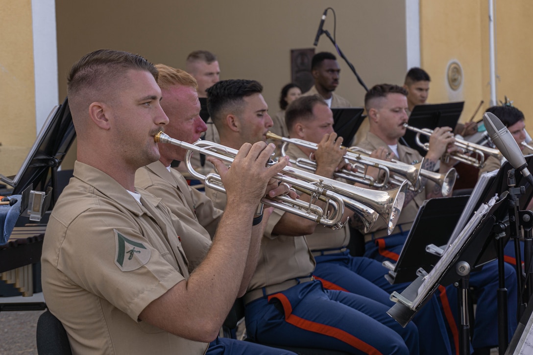 U.S. Marines with Marine Band San Diego perform their summer concert at Marine Corps Recruit Depot San Diego, California, July 18, 2024. The Marine Band San Diego’s job is to provide ceremonial music, boost morale, participate in outreach work and attend events and ceremonies. (U.S. Marine Corps photo by Lance Cpl. Alexandra M. Earl)