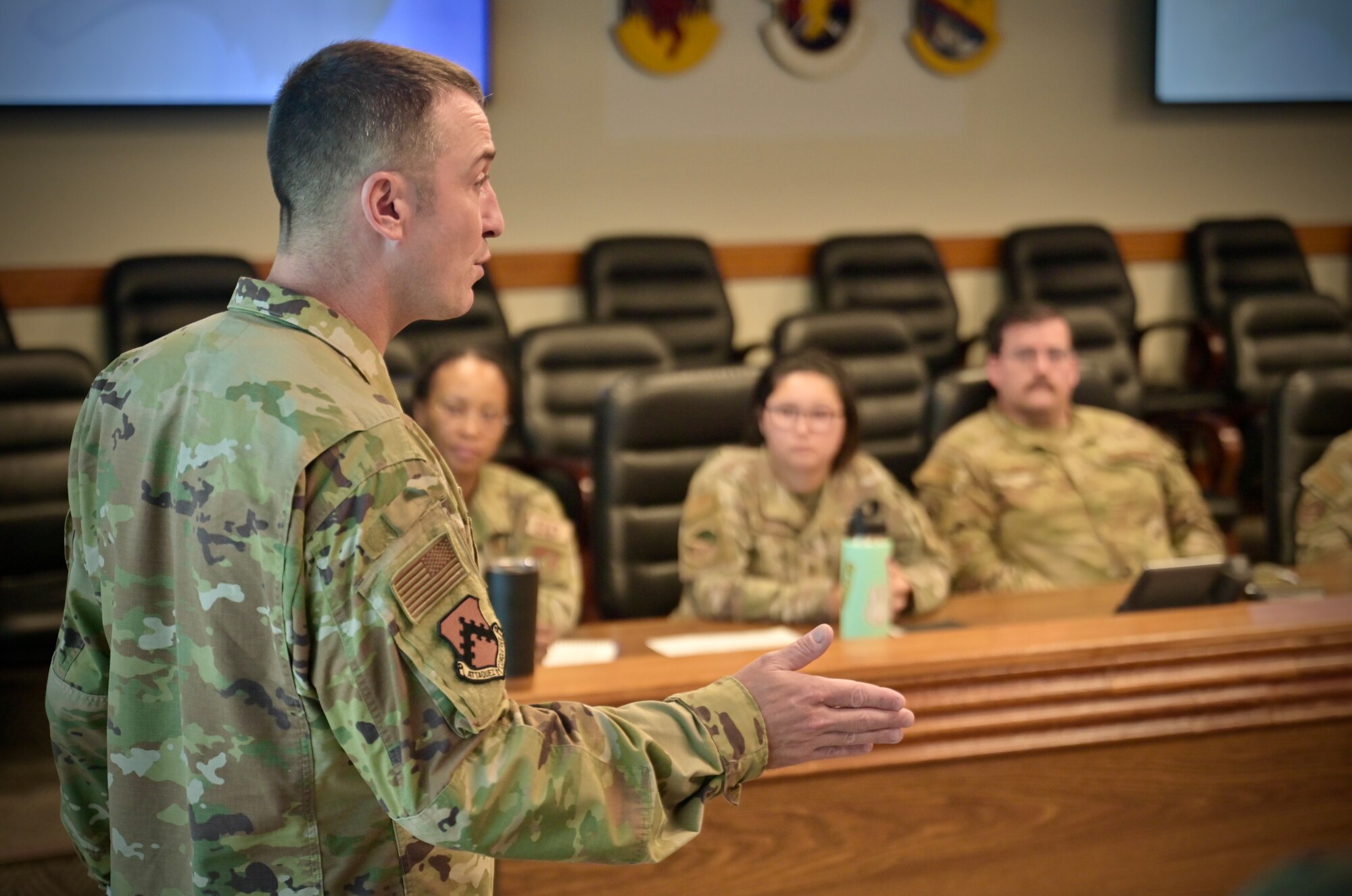 Chief Master Sgt. Nathan Chrestensen, 8th Fighter Wing command chief, answers questions from the attendees of the Wolf Pack Flight Leadership Course.
