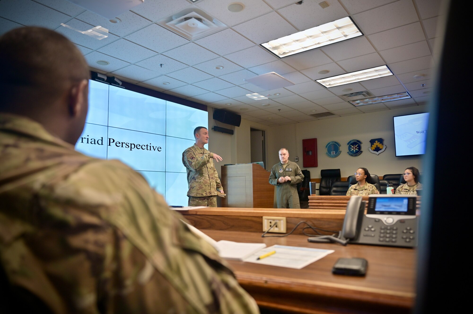 Chief Master Sgt. Nathan Chrestensen, 8th Fighter Wing command chief, answers questions from the attendees of the Wolf Pack Flight Leadership Course.