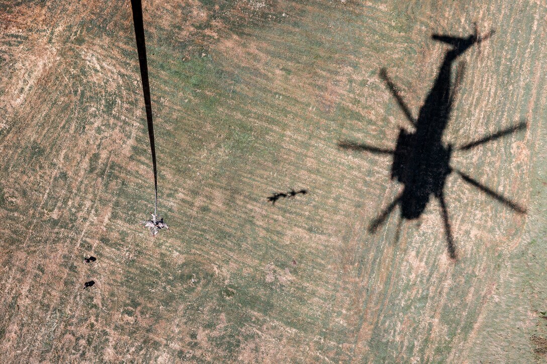 Service members are lowered to the ground using a cable from a helicopter. The shadow of the helicopter is seen flying overhead.