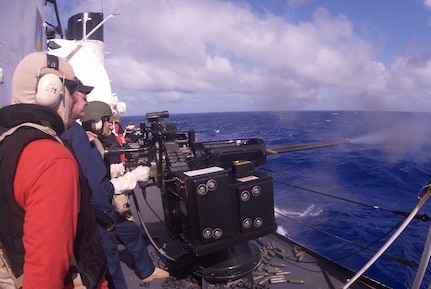 In this photo released by the Coast Guard, crewmembers aboard Coast Guard cutter Boutwell perform a practice gun shoot exercise while underway with the USS Boxer Expeditionary Group on a Western Pacific and Persian Gulf deployment Jan. 30, 2009