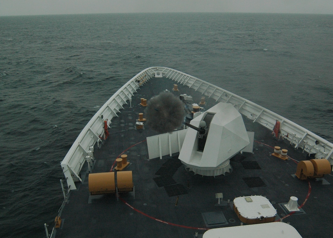 Coast Guard Cutter Bertholf fired the Mk 110 57mm gun during a structural test fire to ensure the structural integrity of the gun mount, June 23, 2008.