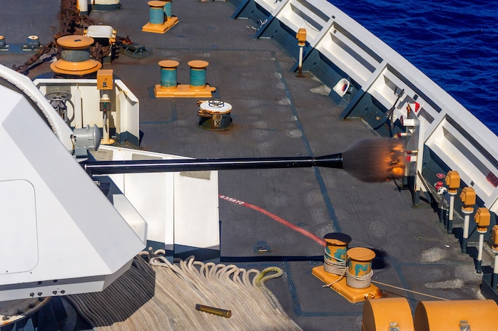 U.S. Coast Guard Cutter Midgett fired its 57mm gun during a live-firing exercise with the Royal Brunei Navy offshore patrol vessels KDB Darussalam and Darulaman and the Italian Navy offshore patrol vessel ITS Montecuccoli at Exercise Rim of Pacific 2024 off the coast of Hawaii, July 19.