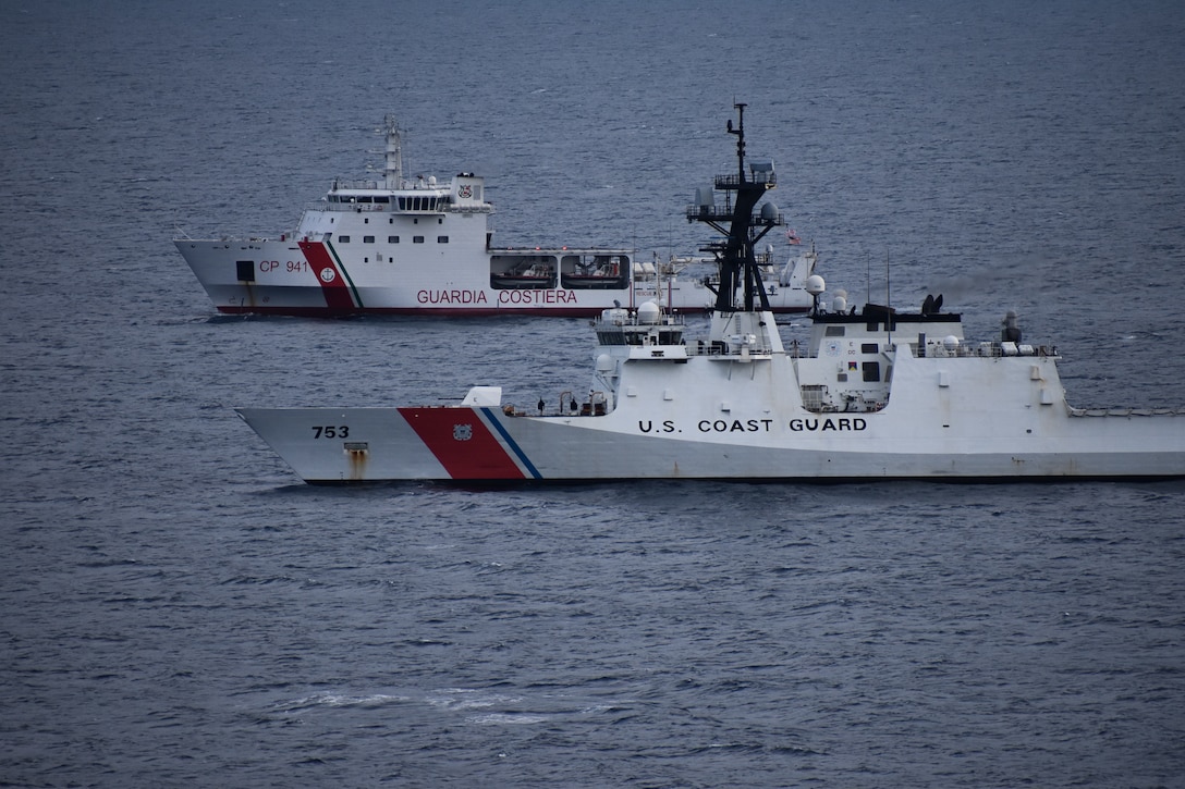 The crews of the U.S. Coast Guard Legend-class national security cutter Hamilton (WMSL 753) and the Italian coast guard Dattilo-class offshore patrol vessel Ubaldo Diciotti (CP 941) conduct simulated search and rescue exercises and helicopter hoist operations in the Mediterranean Sea, April 23, 2021.