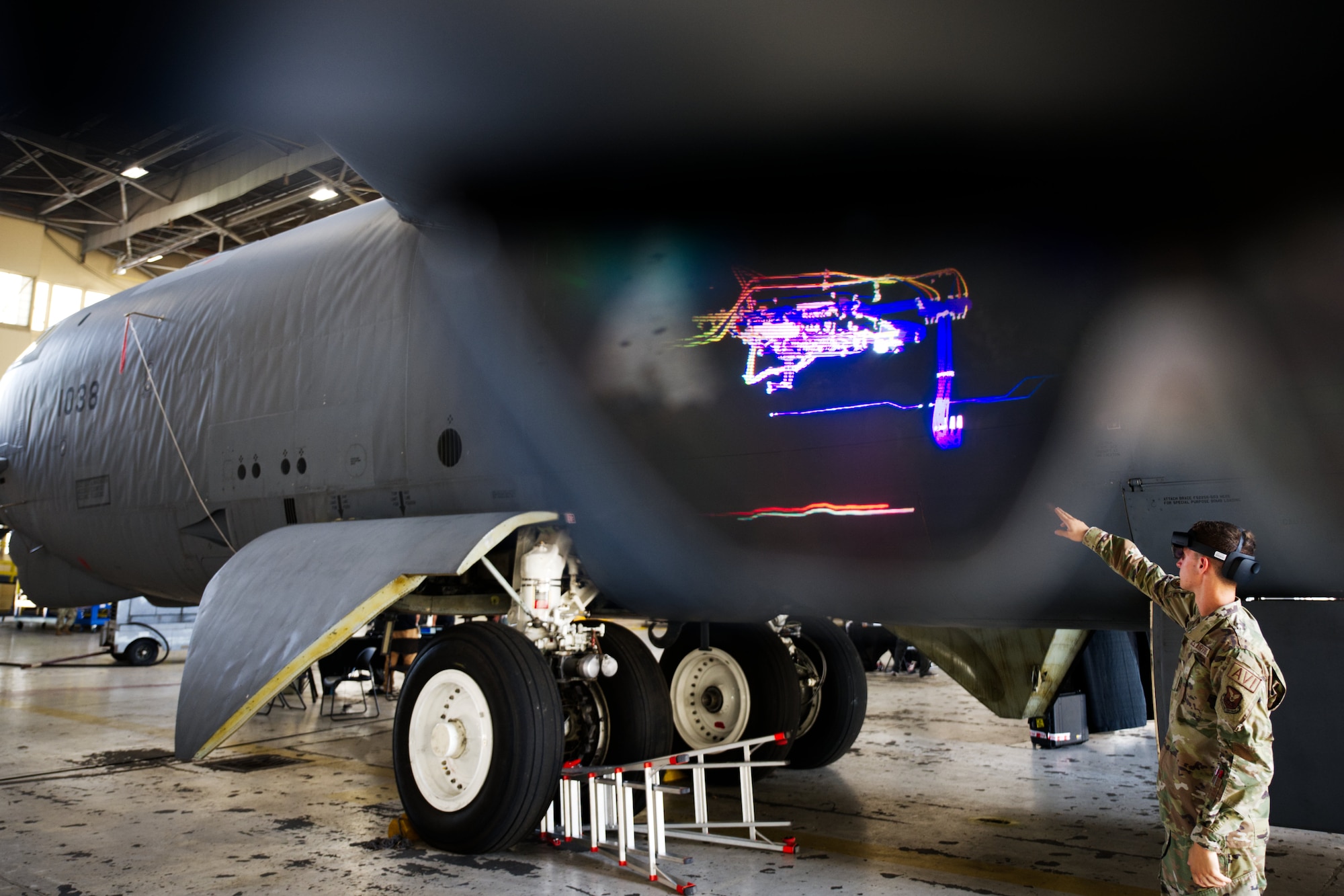 An inside look of a B-52 Stratofortress as seen through augmented reality goggles