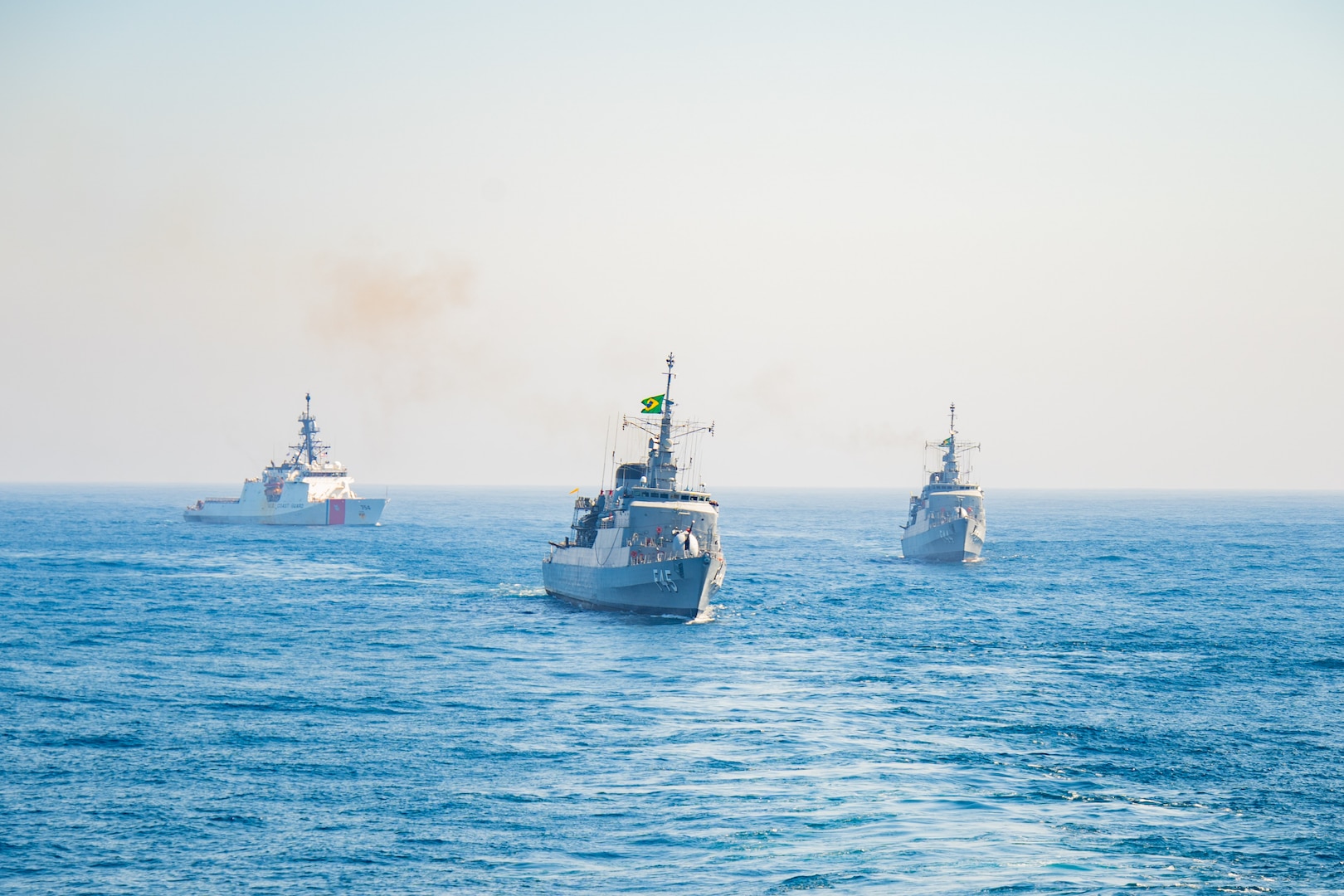 Legend-class cutter USCGC James (WSML 754), left, and Brazilian navy Niterói-class frigates União (F 45) and Independência (F 44) operate in formation with Arleigh Burke-class guided-missile destroyer USS Porter (DDG 78) as part of a bilateral exercise between the U.S. and the Brazilian navy in the Atlantic Ocean, May 18, 2024. Porter is deployed as part of Southern Seas 2024 which seeks to enhance capability, improve interoperability, and strengthen maritime partnerships with countries throughout the U.S. Southern Command area of responsibility through joint, multinational and interagency exchanges and cooperation. (U.S. Navy photo by Mass Communication Specialist 2nd Class David C. Fines)
