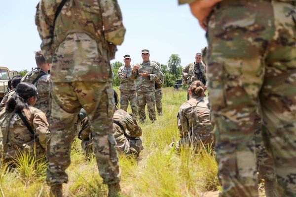 Oklahoma Army National Guard Soldiers from Alpha Company, 700th Brigade Support Battalion, receive a briefing from Maj. Michael Horn, 45th Infantry Brigade Combat Team operations officer, at Glenwood Training Area in Midwest City, Oklahoma, July 13, 2024. The 700th BSB manages and supplies all the 45th Infantry Brigade Combat Team’s maneuver battalions and their forward support companies with all of their commodities, including food, water, fuel, ammunition, parts, and maintenance. (Oklahoma National Guard photo by Sgt. Connor McBride)