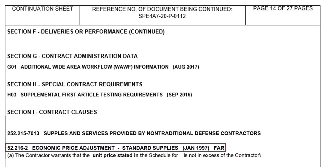 Example of an Economic Price Adjustment (EPA) clause in the Continuation pages of an award.