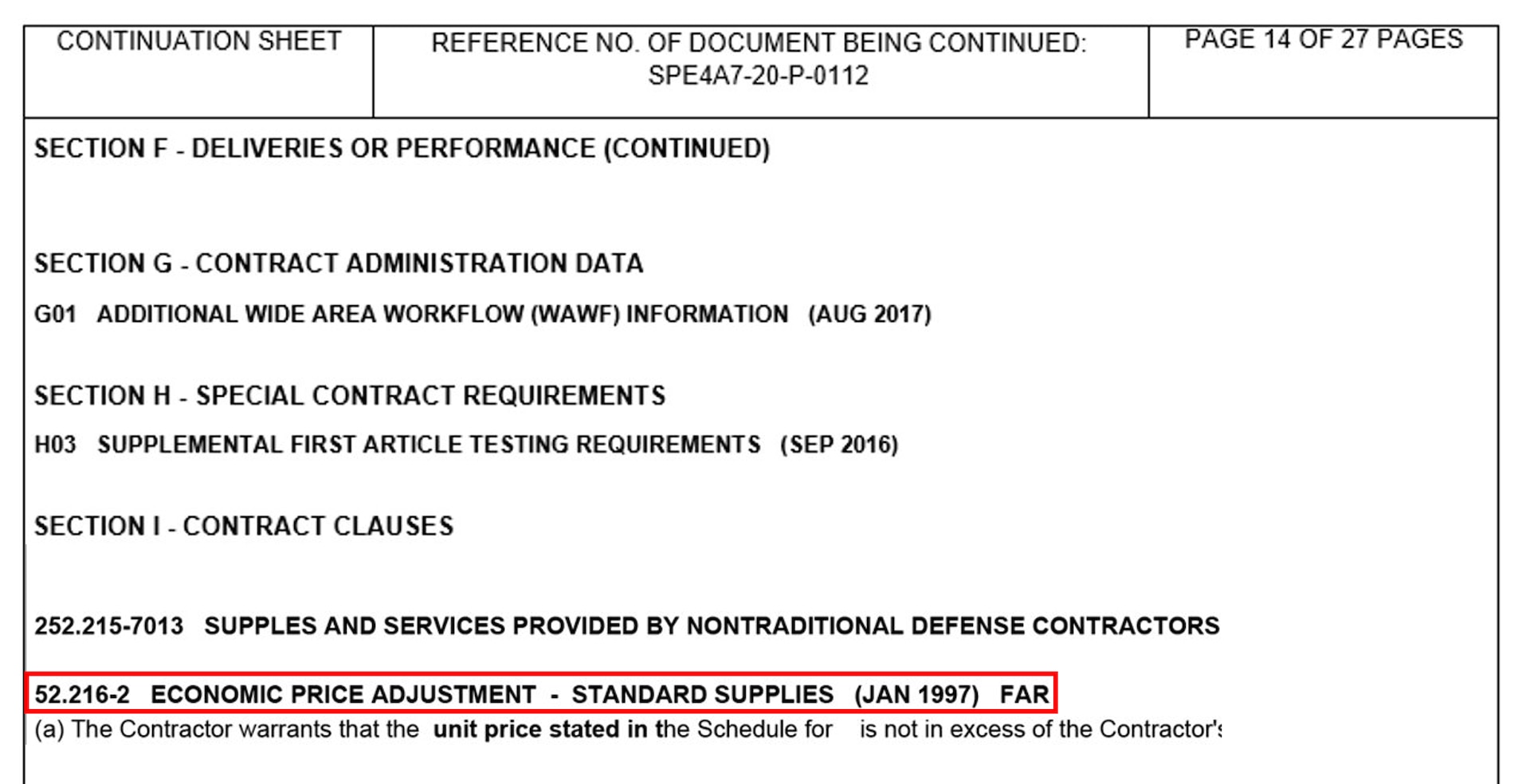 Example of an Economic Price Adjustment (EPA) clause in the Continuation pages of an award.