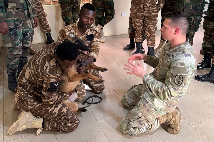 A soldier kneels and speaks to other soldiers holding  a dog.