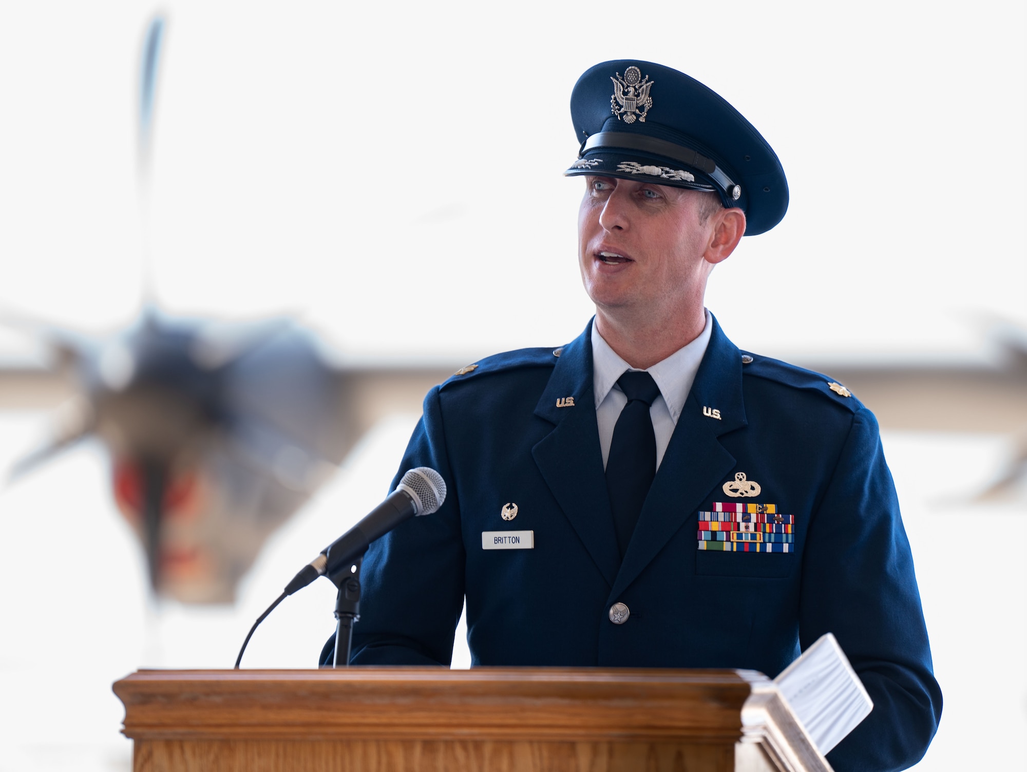 U.S. Air Force Maj. Patrick Britton, 6th Special Operations Aircraft Maintenance Squadron commander, delivers a speech during the 6th SOAMXS activation and assumption of command ceremony, July 9, 2024, at Cannon Air Force Base, New Mexico.