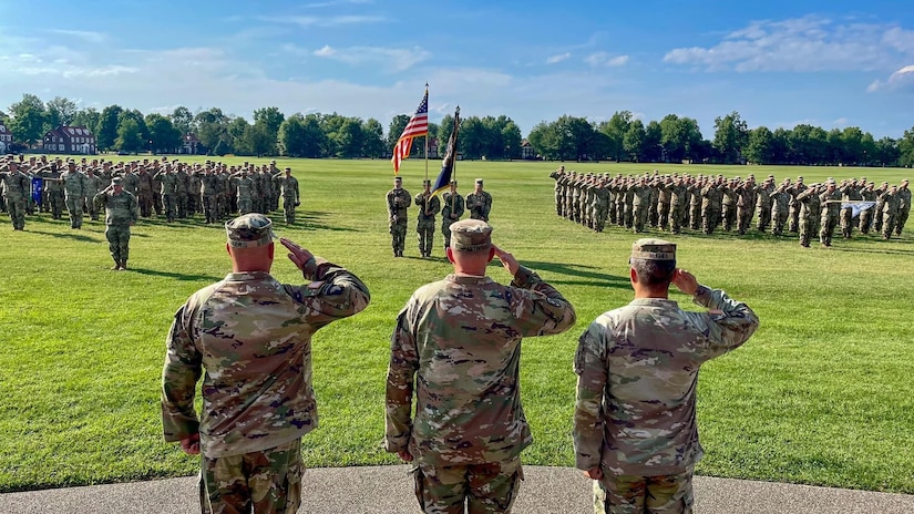 The 1st Battalion, 149th Infantry Regiment conducts a Change of Responsibility ceremony between outgoing Command Sgt. Maj. Anthony Hughes and incoming Command Sgt. Maj. Tim Lewis, during annual training at Fort Knox, Kentucky, July 20,2024