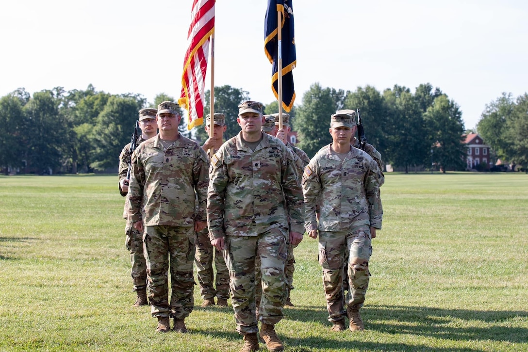 The 1st Battalion, 149th Infantry Regiment conducts a Change of Responsibility ceremony between outgoing Command Sgt. Maj. Anthony Hughes and incoming Command Sgt. Maj. Tim Lewis, during annual training at Fort Knox, Kentucky, July 20,2024