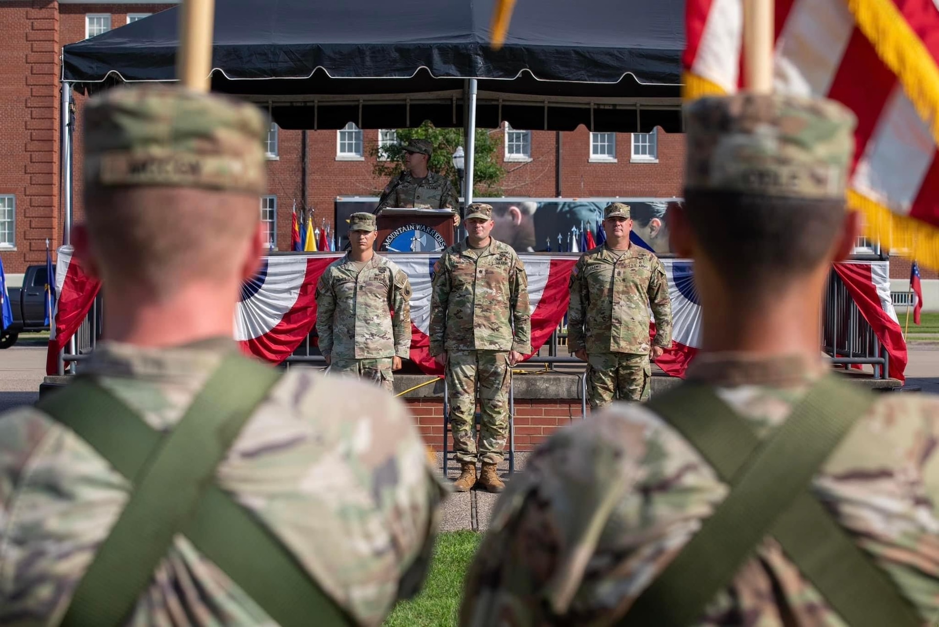 The 1st Battalion, 149th Infantry Regiment conducts a Change of Responsibility ceremony between outgoing Command Sgt. Maj. Anthony Hughes and incoming Command Sgt. Maj. Tim Lewis, during annual training at Fort Knox, Kentucky, July 20,2024