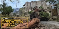U.S. tanks pass through the wrecked streets of Coutances, France. This illustration was created using Adobe Photoshop, with added yellow box and text to highlight the significance of Operation Cobra and V Corps' contributions, and the photo was colorized using Photoshop restoration tools. (U.S. Army illustration by Tyler Brock)