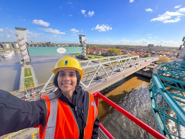 Taira Baldauf, a hydraulic engineers for the U.S. Army Corps of Engineers (USACE) Galveston District, stands on top of the Hollandsche IJssel storm surge barrier near Rotterdam, Netherlands. Baldauf recently spent five weeks in the Netherlands participating in the International Network for Storm Surge Barriers, or I-STORM, a knowledge sharing network of countries and entities that manage storm surge barriers.