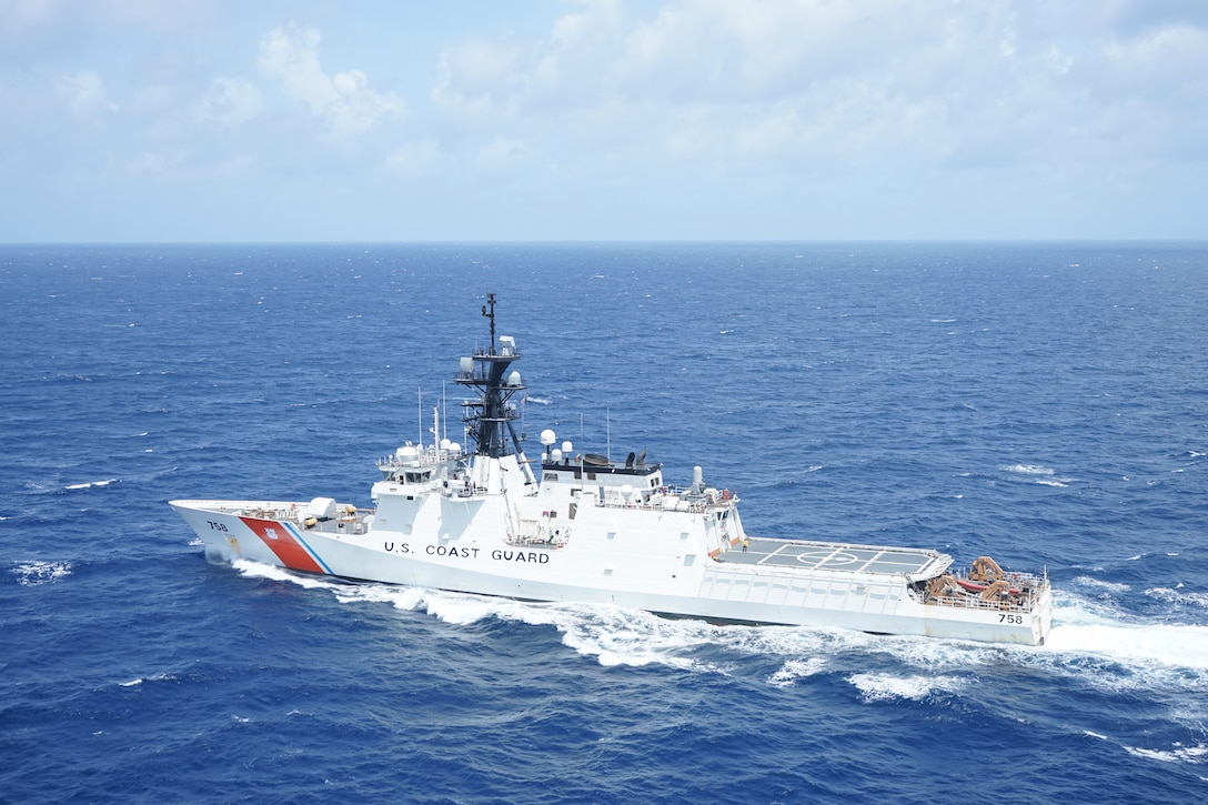 Coast Guard Cutter Stone (WMSL 758) makes way, June 29, 2024, in the Atlantic Ocean. Stone is operating in the U.S. 2nd Fleet area of operations in support of maritime stability and security in the region. (U.S. Coast Guard photo by Petty Officer 2nd Class Thomas Settle)