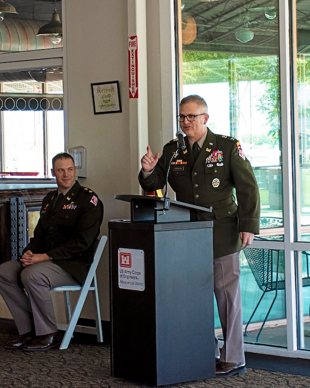 USACE-South Pacific Division Commander Col. James Handura addresses the audience during the change of command ceremony for the USACE-Albuquerque District in Albuquerque, N.M., July 18, 2024. Handura presided over the change of command of the Albuquerque District from Lt. Col. Jerre Hansbrough to Lt. Col. Matthew Miller, the district’s 39th commander, during the ceremony.