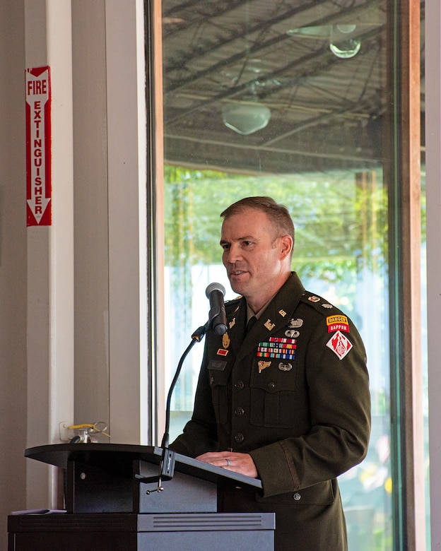 The new Albuquerque District Commander Lt. Col. Matthew Miller addresses the audience after assuming command of the district in a change of command ceremony in Albuquerque, N.M., July 18, 2024.