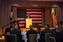 Vice Adm. Johnny Wolfe Jr., director of U.S. Navy Strategic Systems Programs, speaks at a gala held at Naval Base Kitsap-Bangor Plaza in Silverdale, Washington July 20, 2024. During the gala, Vice Adm. Wolfe presented two awards to Capt. Keith Fahlenkamp, Strategic Weapons Facility Pacific commanding officer, including the fiscal year 2023 Admiral Raborn Award and the fiscal year 2023 Chief of Naval Operations Shore Safety Award. SWFPAC is a naval shore facility dedicated to assembling and deploying TRIDENT missiles on Fleet Ballistic Missile submarines while providing safe, secure, credible and affordable sea-based missile systems. (U.S. Navy photo by Mass Communication Specialist 2nd Class Victoria Galbraith/Released)