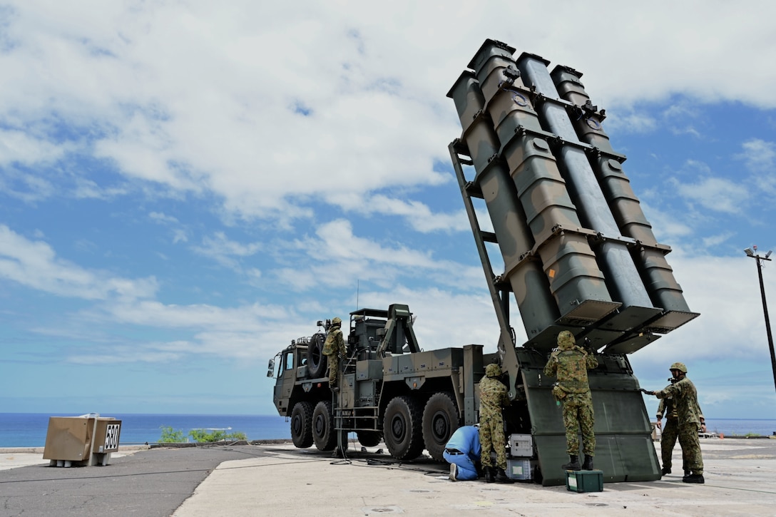 Soldiers from the Japan Ground Self Defense Force fire Type 12 Surface to Ship Missiles (SSM-12) as part of the RIMPAC 24 sinking exercise (SINKEX) on 12 July 2024.