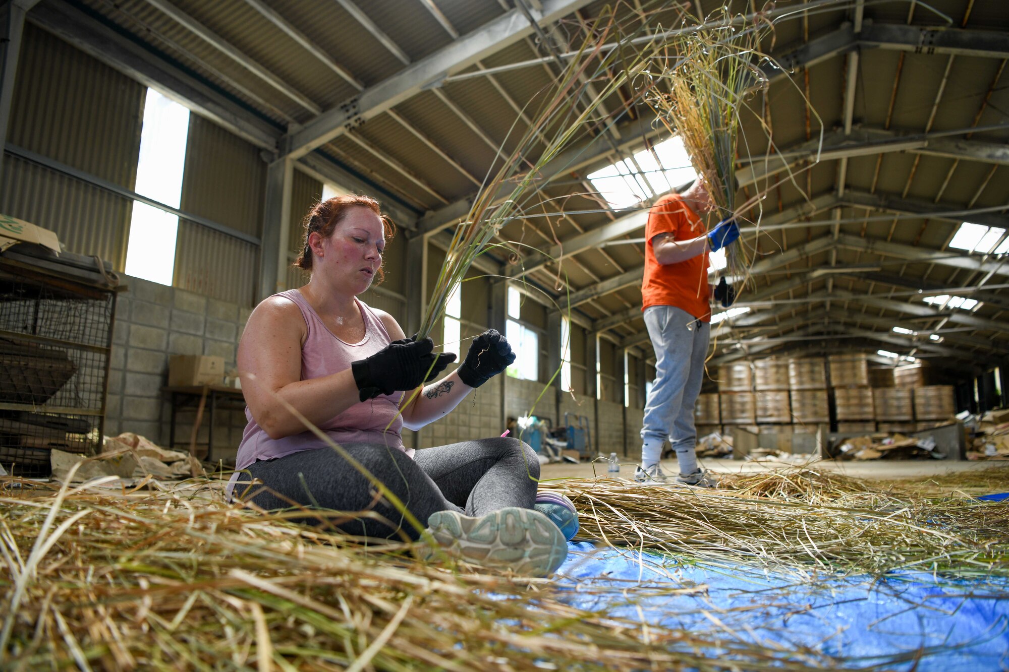 U.S. service members separate weeds from vetiver stands.