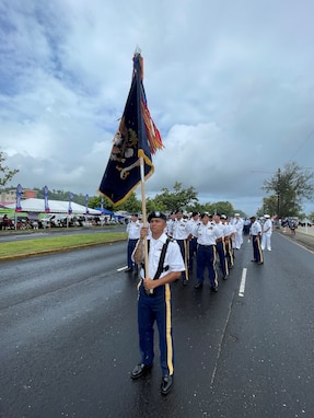 Sergeant John Aguon from Task Force Talon and resident of Guam, carried the regimental colors for the 1-307th Infantry Regiment during the Guam Liberation Day Parade in honor of the 77th Infantry Division Soldiers that fought in the Battle of Guam 80 years ago.