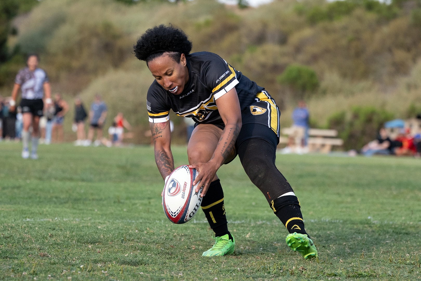 Army Maj. Danielle Deshaies scores one of many Army tries during the 2024 Armed Forces Women’s Rugby Championships in San Diego, California, July 12, 2024. (DoD photo by EJ Hersom)