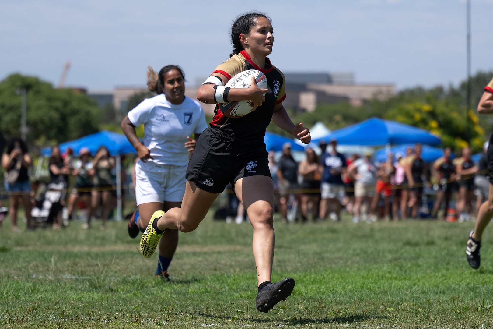 Marine Corps Sgt. Vivian Aragon crosses the try line during the 2024 Armed Forces Women’s Rugby Championship in San Diego, California, July 12, 2024. (DoD photo by EJ Hersom)