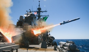 The Arleigh Burke-class guided-missile destroyer USS Fitzgerald (DDG 62), while participating in Exercise Rim of the Pacific (RIMPAC) 2024, fires the first naval strike missile from a U.S. destroyer July 18.