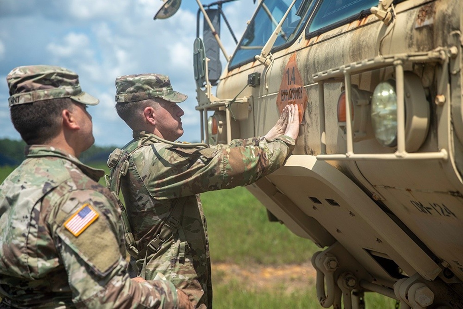 Soldiers from the 53rd Brigade Support Battalion prepare an M977A4 HEMTT cargo transporter to move ammunition from an ammunition supply point to an ammunition holding area at Camp Shelby, Mississippi, July 15, 2024. They are among almost 5,000 Florida Army National Guard Soldiers mobilized to Camp Shelby to support the eXportable Combat Training Capability exercise, a major training event that ensures the 53rd Infantry Brigade Combat Team’s readiness and proficiency to deploy.