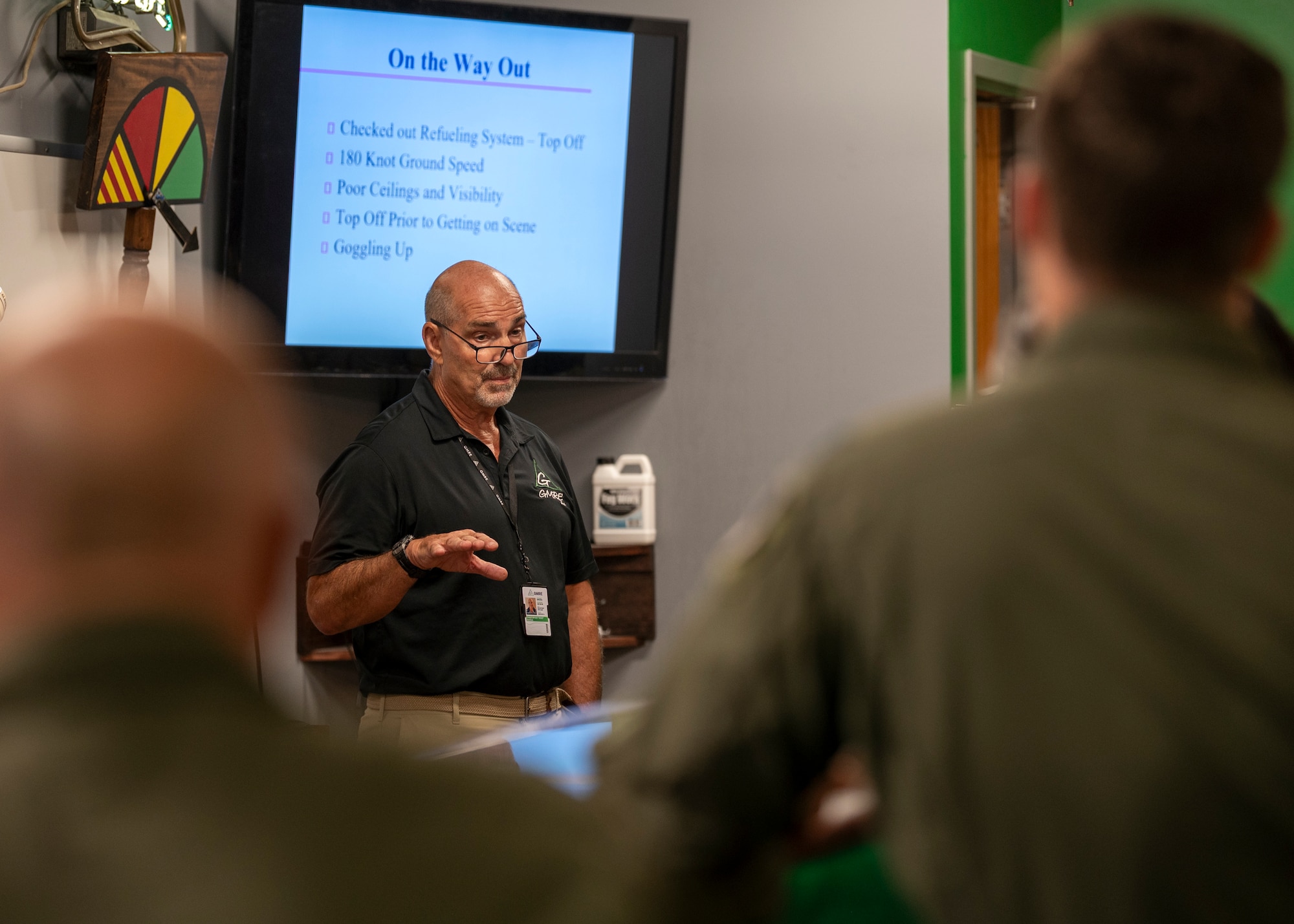 Mr. Dave Rivola, the real-life inspiration for the movie “The Perfect Strom” goes over the details of the original Rescue 110 mission for Airmen at Moody Air Force Base, Georgia, July 23, 2024. In 1991, then Maj. Rivola was part of the rescue mission to save the crew of the “Andrea Gail” fishing vessel during an intense storm in the Atlantic Ocean. (U.S. Air Force photo by Senior Airman Leonid Soubbotine)