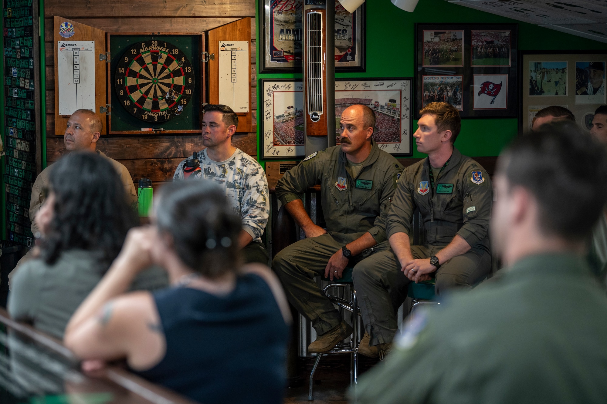 U.S. Air Force Airmen assigned to the 23rd Wing listen to “The Perfect Storm” mission brief at Moody Air Force Base, Georgia, July 23, 2024. Air Force Rescue Mission 110 was partially depicted in the movie “The Perfect Storm”, starring George Clooney and Mark Wahlberg. (U.S. Air Force photo by Senior Airman Leonid Soubbotine)
