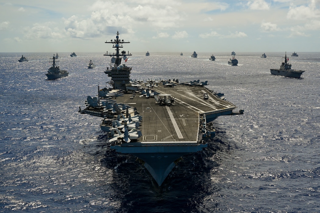 The Nimitz-class aircraft carrier USS Carl Vinson (CVN 70) leads a group sail July 22, off the coast of Hawaii during Exercise Rim of the Pacific (RIMPAC) 2024. Twenty-nine nations, 40 surface ships, three submarines, 14 national land forces, more than 150 aircraft and 25,000 personnel are participating in RIMPAC in and around the Hawaiian Islands, June 27 to Aug. 1.