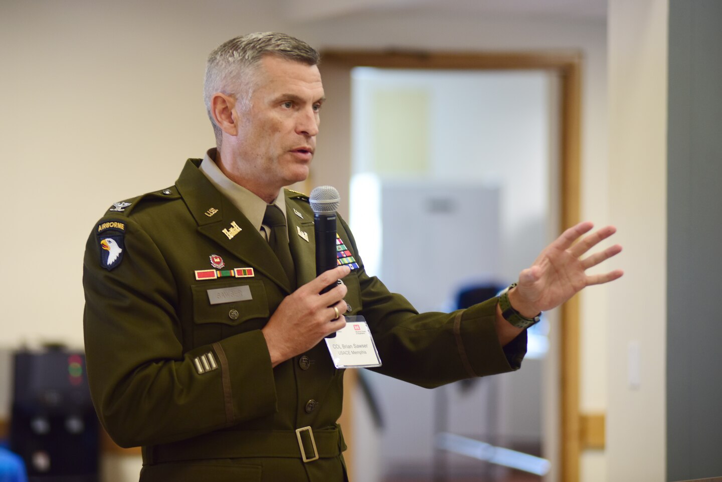 Col. Brian Sawser, U.S. Army Corps of Engineers Memphis District commander, speaks to participants of the Tennessee Partnering Meeting July 24, 2024, at the Ellington Agriculture Center in Nashville, Tennessee. The U.S. Army Corps of Engineers Memphis and Nashville Districts joined Tennessee officials to address the future of water supply, regulatory program initiatives, and communication.